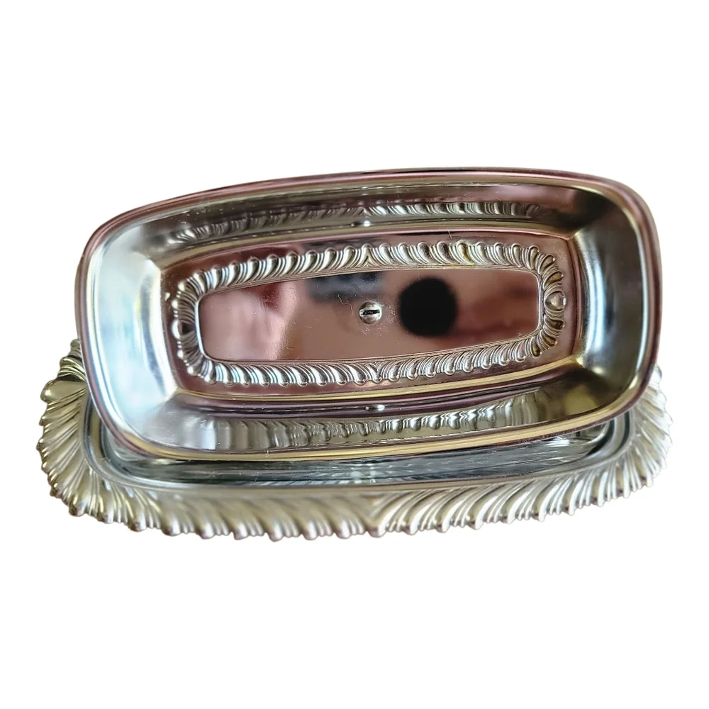 Vintage Metal Butter Dish with Black Knob